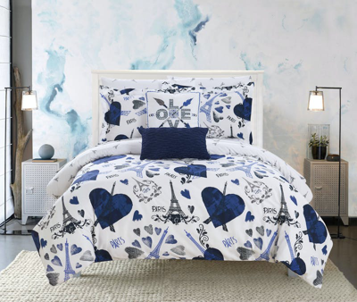Chic Home Design Marais 9 Piece Reversible Comforter Set "paris Is Love" Inspired Printed Design Bed In Blue