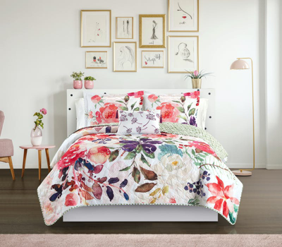 Chic Home Design Domaine 4 Piece Reversible Quilt Set Floral Watercolor Design Bedding In White