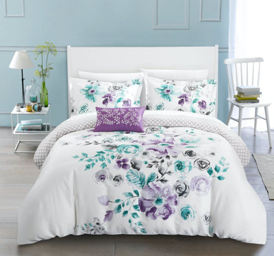 Chic Home Design Mitzy 4 Piece Reversible Duvet Cover Set 100% Cotton Large Floral Design Geometric In Purple