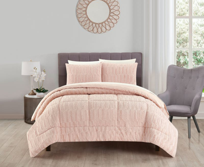 Chic Home Design Pacifica 3 Piece Comforter Set Textured Geometric Pattern Faux Rabbit Fur Micro-min In Pink