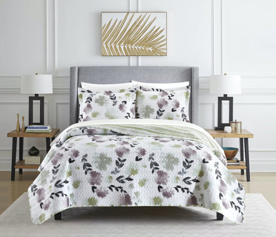 Chic Home Design Parson Green 2 Piece Quilt Set Reversible Watercolor Floral Print Striped Pattern D