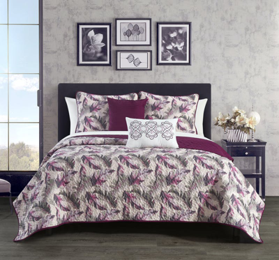 Chic Home Design Ipanema 7 Piece Quilt Set Watercolor Leaf Print Geometric Pattern Bed In A Bag In Purple