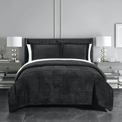 Chic Home Design Ryland 2 Piece Comforter Set Ribbed Textured Microplush Sherpa Bedding In Black