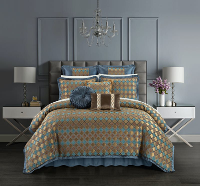 Chic Home Design Sue 9 Piece Comforter Set Chenille Geometric Scroll Pattern Flange Border Bedding In Blue