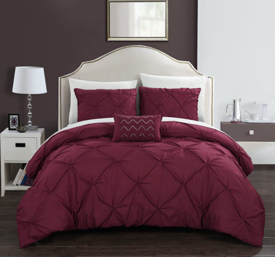 Chic Home Design Whitley 4 Piece Duvet Cover Set Ruffled Pinch Pleat Design Embellished Zipper Closu In Red