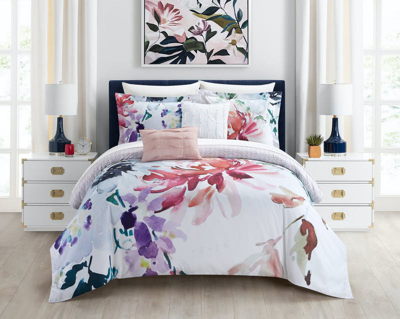 Chic Home Design Butchart Gardens 4 Piece Reversible Comforter Set Floral Watercolor Design Bedding In White