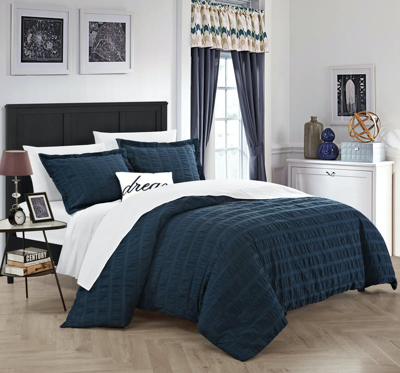 Chic Home Design Tornio 4 Piece Duvet Cover Set 100% Cotton 200 Thread Count Ruched Ruffled Striped In Blue