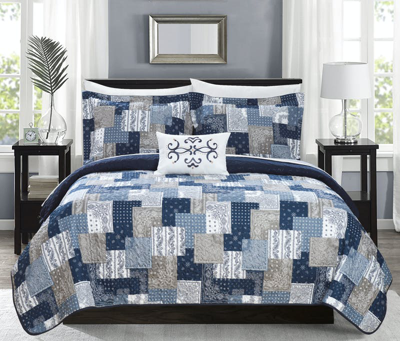 Chic Home Design Viona 8 Piece Reversible Quilt Coverlet Set Embossed Patchwork Bohemian Paisley Pri In Blue
