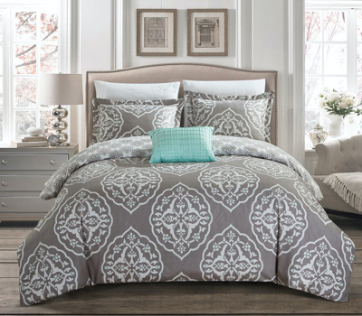 Chic Home Design Froilan 4 Piece Reversible Duvet Cover Set Two-tone Medallion Print Zipper Closure  In Gray