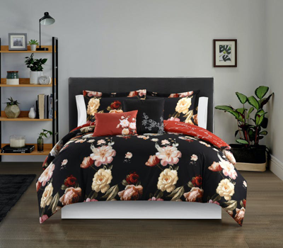 Chic Home Design Ethel 4 Piece Reversible Comforter Set Floral Print Cursive Script Design Bedding In Black