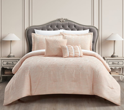 Chic Home Design Hubli 5 Piece Comforter Set Embroidered Pattern Heathered Bedding In Pink