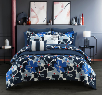 Chic Home Design Malea 9 Piece Comforter And Quilt Set Contemporary Floral Print Bed In A Bag In Blue