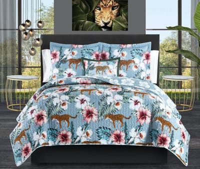 Chic Home Design Orithia 3 Piece Reversible Quilt Set Tropical Floral Leopard Print Bedding In Blue