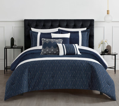 Chic Home Design Macie 10 Piece Comforter Set Jacquard Woven Geometric Design Pleated Quilted Detail In Blue
