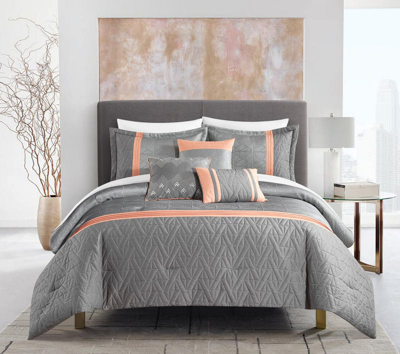 Chic Home Design Macie 10 Piece Comforter Set Jacquard Woven Geometric Design Pleated Quilted Detail In Grey