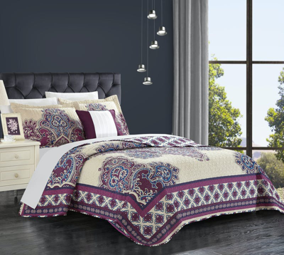 Chic Home Design Muraqqa 4 Piece Reversible Quilt Cover Set 100% Cotton Bohemian Inspired Vintage Pa In Purple