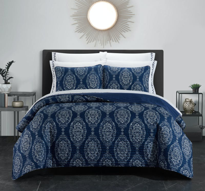 Chic Home Design Verona 6 Piece Quilt Set Striped Stitched Medallion Print Bed In A Bag In Blue