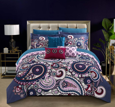 Chic Home Design Taro 10 Piece Reversible Comforter Set Bed In A Bag Bohemian Inspired Paisley Print In Blue