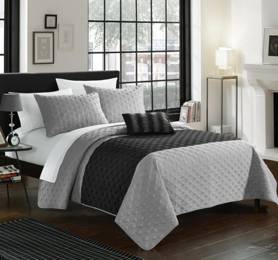 Chic Home Design Walker 8 Piece Quilt Cover Set Contemporary Two Tone Geometric Embroidered Quilted  In Grey
