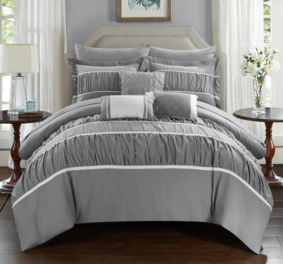 Chic Home Design Wanda 10 Piece Comforter Set Complete Bed In A Bag Pleated Ruched Ruffled Bedding In Gray
