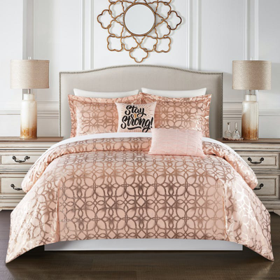 Chic Home Design Shefield 4 Piece Comforter Set Geometric Gold Tone Metallic Lattice Pattern Print B In Pink