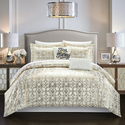 Chic Home Design Shefield 5 Piece Comforter Set Geometric Gold Tone Metallic Lattice Pattern Print B In White