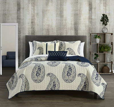 Chic Home Design Safira 5 Piece Quilt Set Contemporary Two-tone Paisley Print Bedding In Blue