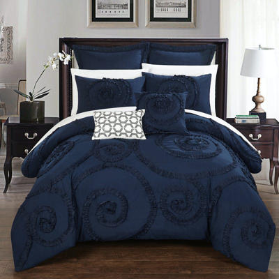 Chic Home Design Rosamond 7 Piece Comforter Quilted Floral Ruffled Etched Embroidered Bedding Set In Blue