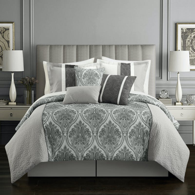 Chic Home Design Roxette 7 Piece Comforter Set Reversible Two-tone Damask Pattern Geometric Quilting In Gray