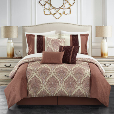 Chic Home Design Roxette 7 Piece Comforter Set Reversible Two-tone Damask Pattern Geometric Quilting In Brown