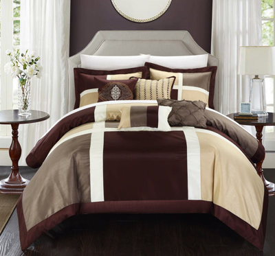 Chic Home Design Filomena 7 Piece Comforter Contemporary Patchwork Solid Color Block Pattern Design  In Brown