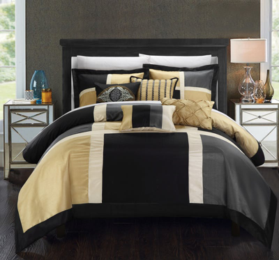 Chic Home Design Filomena 7 Piece Comforter Contemporary Patchwork Solid Color Block Pattern Design  In Black