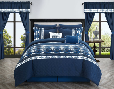 Chic Home Design Sevrin 20 Piece Comforter Set Color Block Geometric Ikat Embroidered Bed In A Bag B In Blue