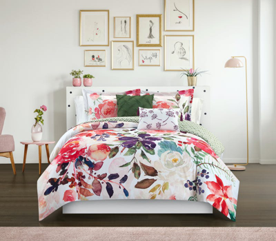 Chic Home Design Philia 7 Piece Reversible Comforter Set Floral Watercolor Design Bedding In Red