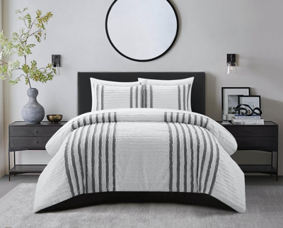 Chic Home Design Salma 3 Piece Cotton Duvet Cover Set Clip Jacquard Striped Pattern Design Bedding In Grey