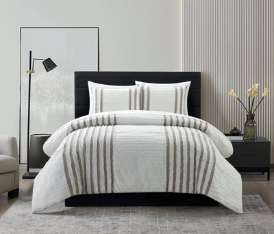 Chic Home Design Salma 3 Piece Cotton Duvet Cover Set Clip Jacquard Striped Pattern Design Bedding In Brown