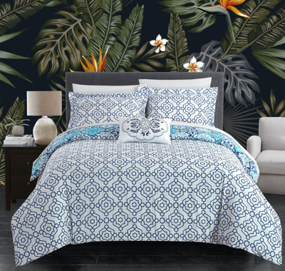 Chic Home Design Winona 4 Piece Reversible Duvet Cover Set 100% Cotton Bohemian Inspired Contemporary Geometric Print In Blue