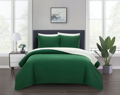 Chic Home Design St Paul 7 Piece Quilt Set Contemporary Striped Design Sherpa Lined Bed In A Bag Bed In Green