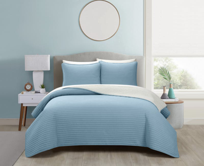 Chic Home Design St Paul 3 Piece Quilt Set Contemporary Striped Design Sherpa Lined Bedding In Blue