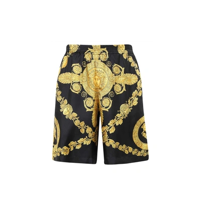 Versace Printed Silk Shorts In Black/gold