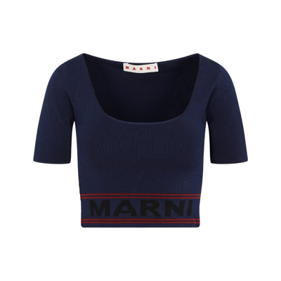 Marni Scoop Neck Cropped Knitted Top In Blue
