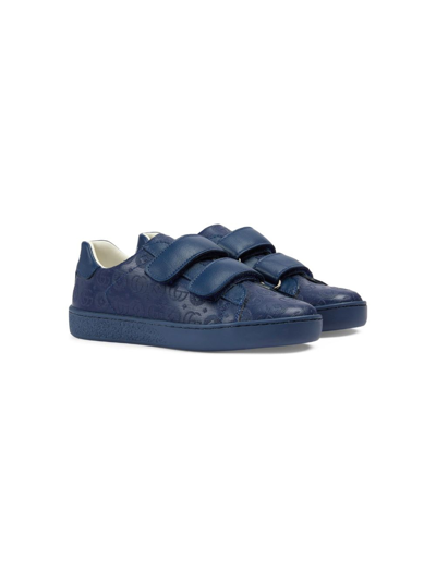 Gucci Kids' Double G Dots皮革粘扣运动鞋 In Blue Royale