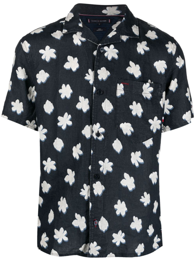 Tommy Hilfiger Regular Fit Flower Print Linen Shirt In Desert Sky / Weathered White /multi