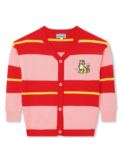 Kenzo Kids' Striped Logo-embroidered Cardigan In Red