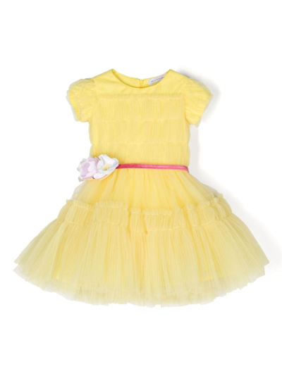 Monnalisa Kids' Faux-flower-detail Tulle Dress In Yellow