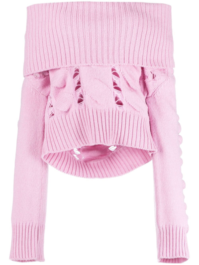 Blumarine Off-shoulder Open-knit Wool Jumper In Pink