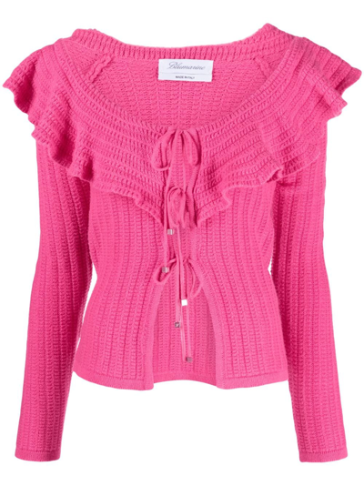 Blumarine Ruffled Crochet Wool Cardigan In Pink