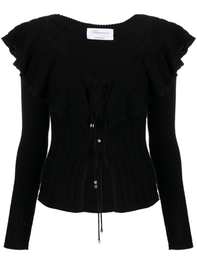 Blumarine Ruffled Crochet Wool Cardigan In Black