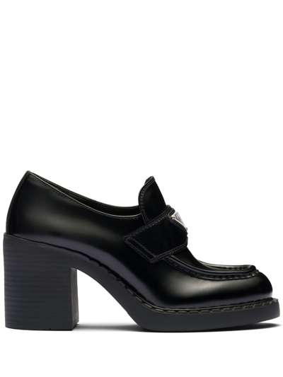Prada Chocolate High-heeled Brushed Leather Loafers In Black