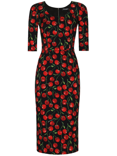 Dolce & Gabbana Cherry-print Midi Dress In Black,red